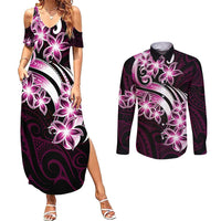 Plumeria Tribal Tattoo Couples Matching Summer Maxi Dress and Long Sleeve Button Shirt Pink Polynesian Pattern