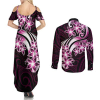 Plumeria Tribal Tattoo Couples Matching Summer Maxi Dress and Long Sleeve Button Shirt Pink Polynesian Pattern