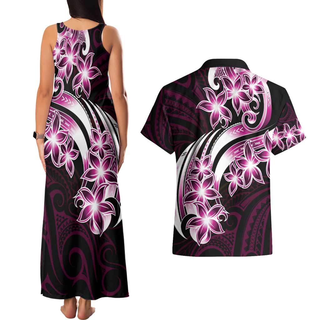 Plumeria Tribal Tattoo Couples Matching Tank Maxi Dress and Hawaiian Shirt Pink Polynesian Pattern