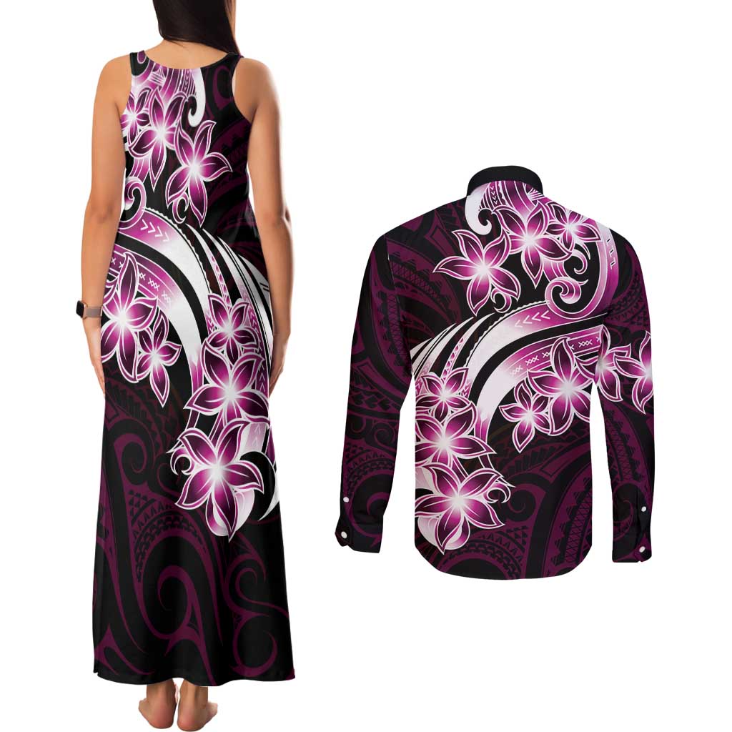 Plumeria Tribal Tattoo Couples Matching Tank Maxi Dress and Long Sleeve Button Shirt Pink Polynesian Pattern