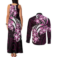 Plumeria Tribal Tattoo Couples Matching Tank Maxi Dress and Long Sleeve Button Shirt Pink Polynesian Pattern