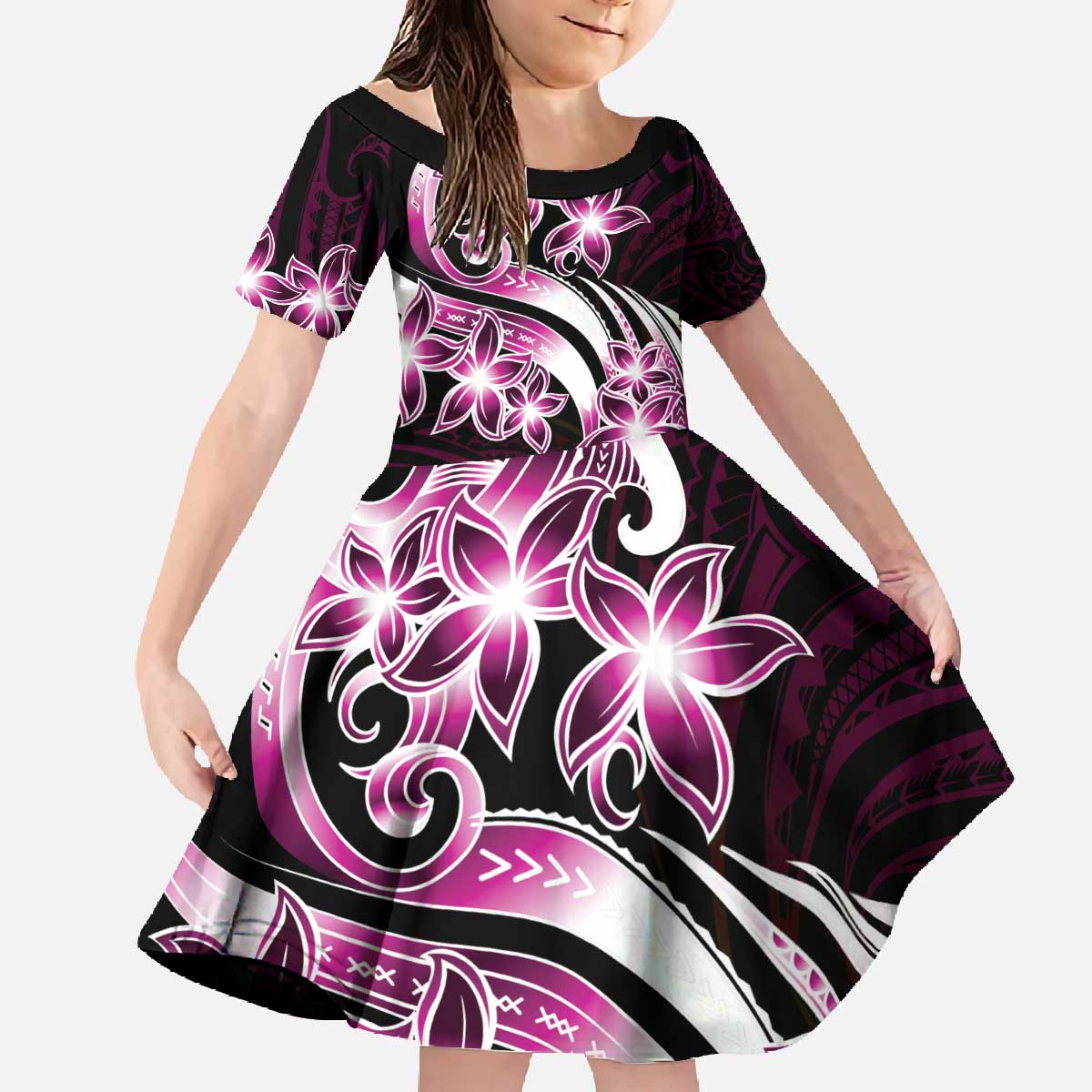 Plumeria Tribal Tattoo Family Matching Off The Shoulder Long Sleeve Dress and Hawaiian Shirt Pink Polynesian Pattern LT9 Daughter's Dress Pink - Polynesian Pride