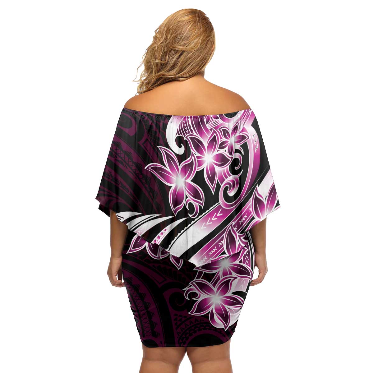 Plumeria Tribal Tattoo Family Matching Off Shoulder Short Dress and Hawaiian Shirt Pink Polynesian Pattern