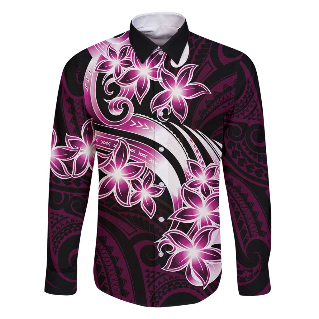Plumeria Tribal Tattoo Family Matching Tank Maxi Dress and Hawaiian Shirt Pink Polynesian Pattern LT9 Dad's Shirt - Long Sleeve Pink - Polynesian Pride