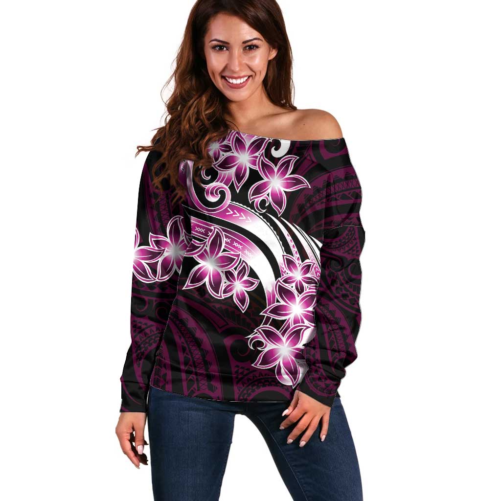 Plumeria Tribal Tattoo Off Shoulder Sweater Pink Polynesian Pattern LT9 Women Pink - Polynesian Pride