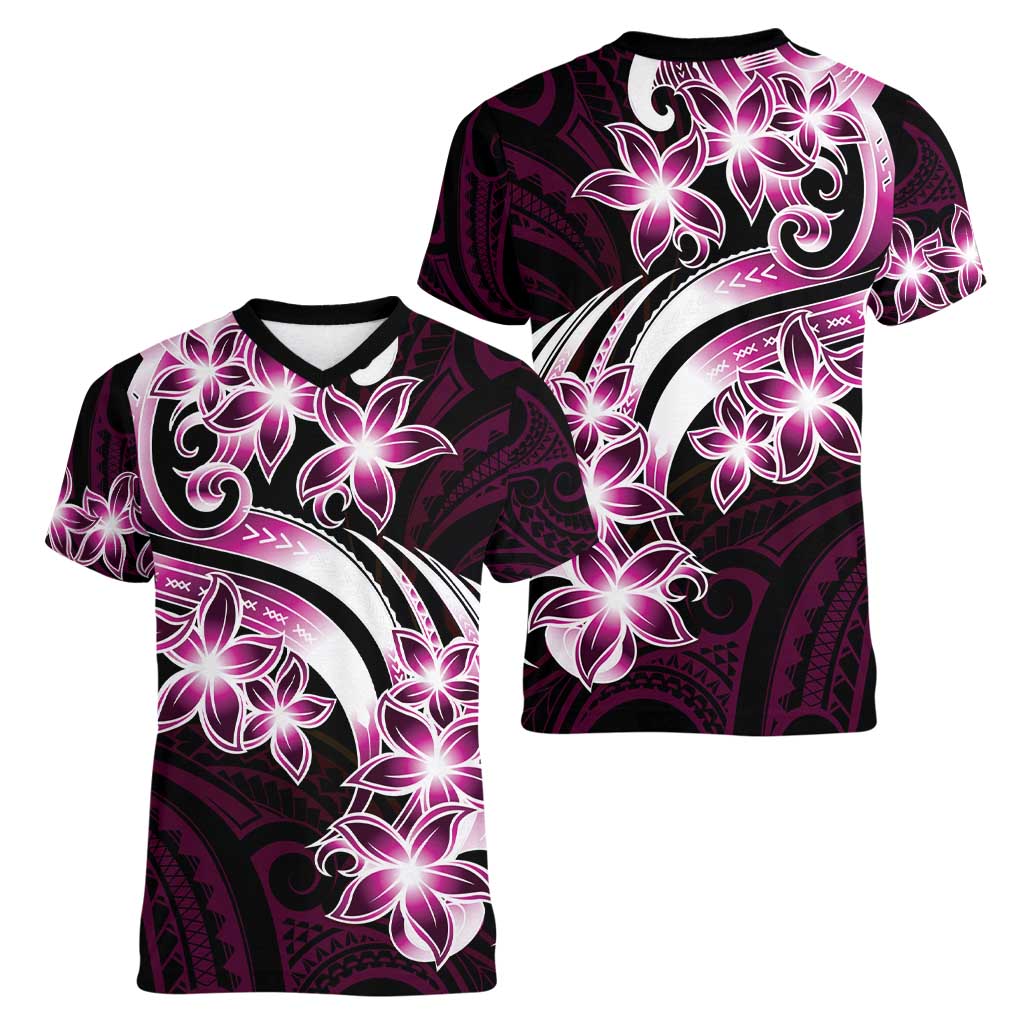 Plumeria Tribal Tattoo Women V-Neck T-Shirt Pink Polynesian Pattern