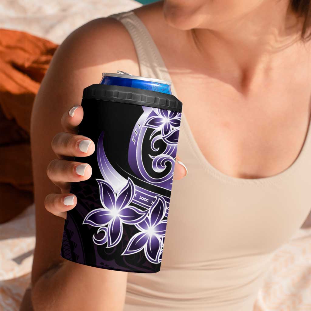 Plumeria Tribal Tattoo 4 in 1 Can Cooler Tumbler Purple Polynesian Pattern