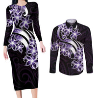 Plumeria Tribal Tattoo Couples Matching Long Sleeve Bodycon Dress and Long Sleeve Button Shirt Purple Polynesian Pattern