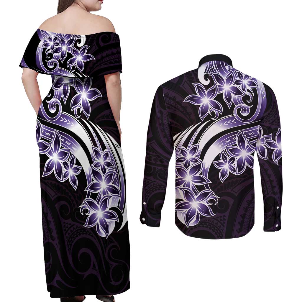 Plumeria Tribal Tattoo Couples Matching Off Shoulder Maxi Dress and Long Sleeve Button Shirt Purple Polynesian Pattern
