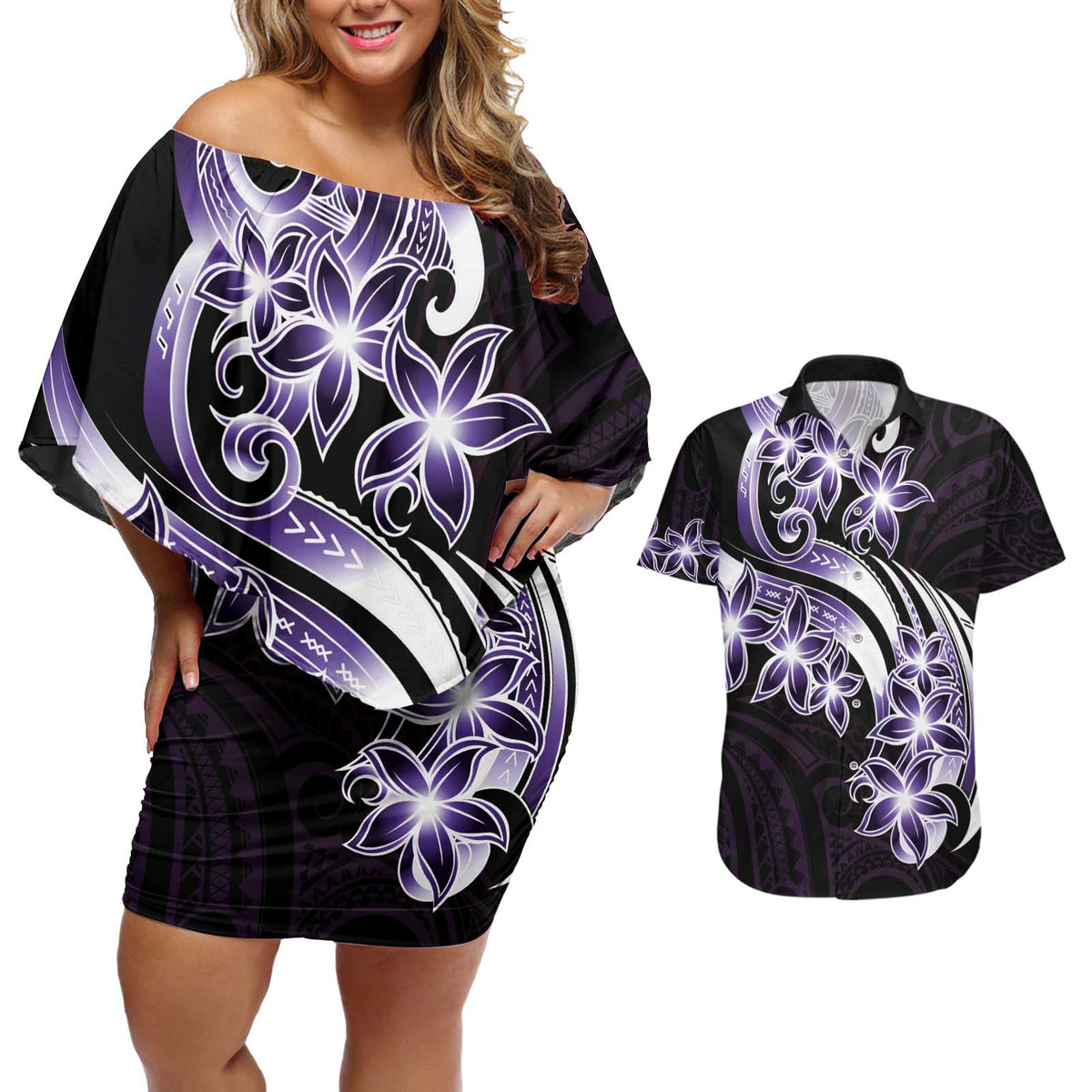 Plumeria Tribal Tattoo Couples Matching Off Shoulder Short Dress and Hawaiian Shirt Purple Polynesian Pattern