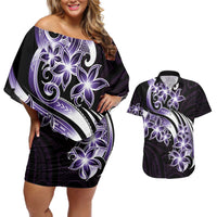 Plumeria Tribal Tattoo Couples Matching Off Shoulder Short Dress and Hawaiian Shirt Purple Polynesian Pattern