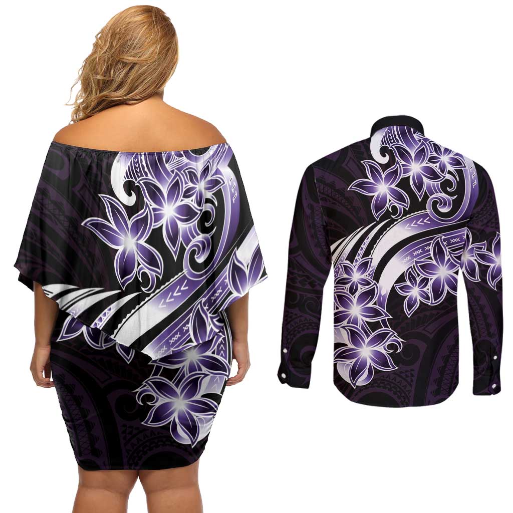 Plumeria Tribal Tattoo Couples Matching Off Shoulder Short Dress and Long Sleeve Button Shirt Purple Polynesian Pattern