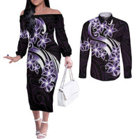 Plumeria Tribal Tattoo Couples Matching Off The Shoulder Long Sleeve Dress and Long Sleeve Button Shirt Purple Polynesian Pattern