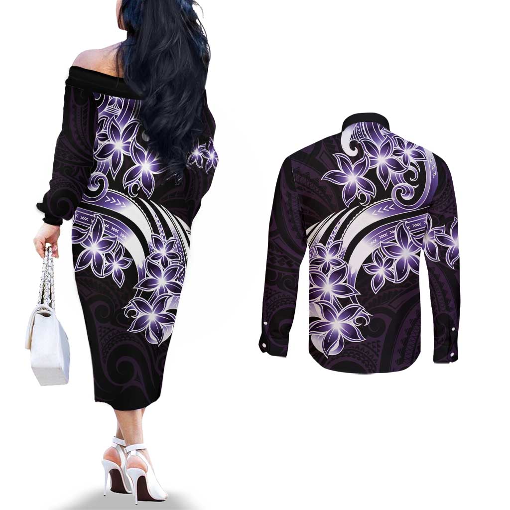 Plumeria Tribal Tattoo Couples Matching Off The Shoulder Long Sleeve Dress and Long Sleeve Button Shirt Purple Polynesian Pattern