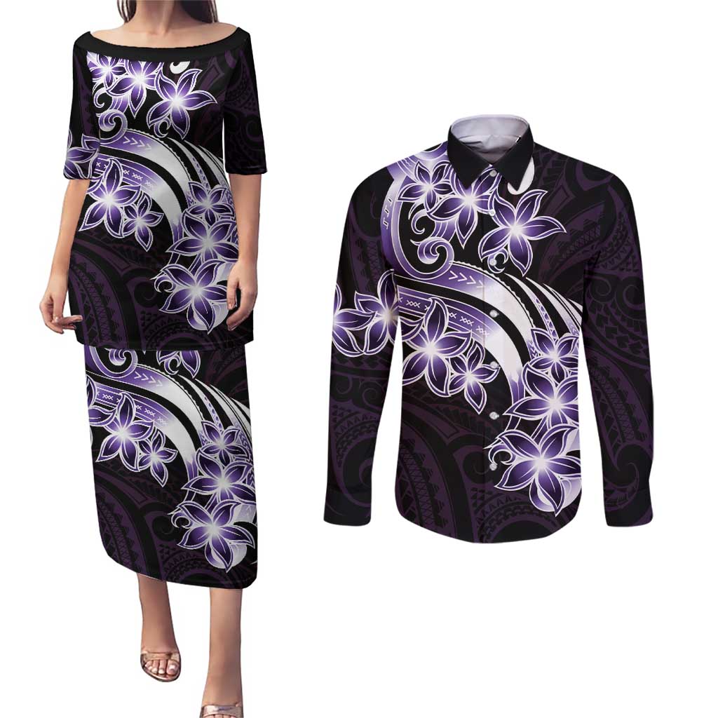 Plumeria Tribal Tattoo Couples Matching Puletasi and Long Sleeve Button Shirt Purple Polynesian Pattern