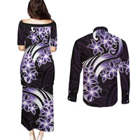 Plumeria Tribal Tattoo Couples Matching Puletasi and Long Sleeve Button Shirt Purple Polynesian Pattern