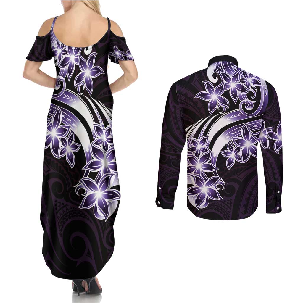 Plumeria Tribal Tattoo Couples Matching Summer Maxi Dress and Long Sleeve Button Shirt Purple Polynesian Pattern