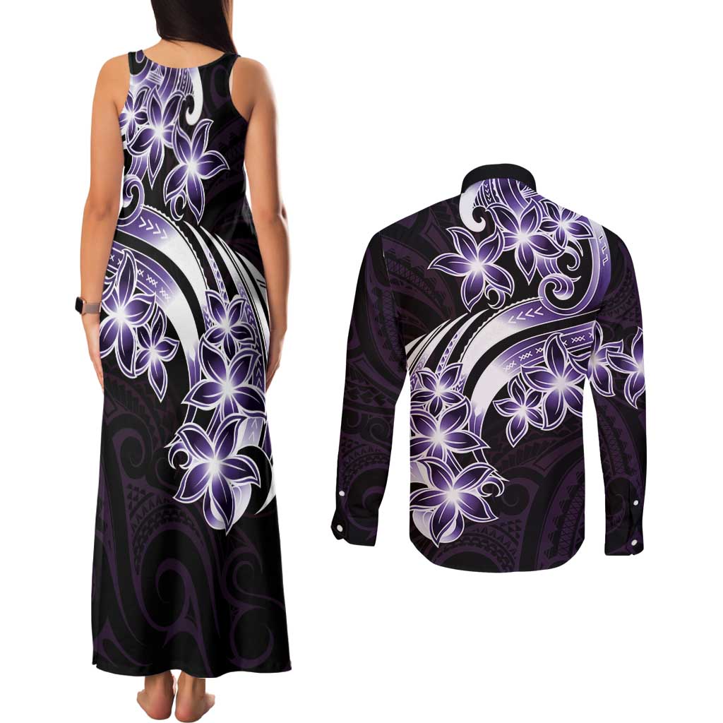 Plumeria Tribal Tattoo Couples Matching Tank Maxi Dress and Long Sleeve Button Shirt Purple Polynesian Pattern