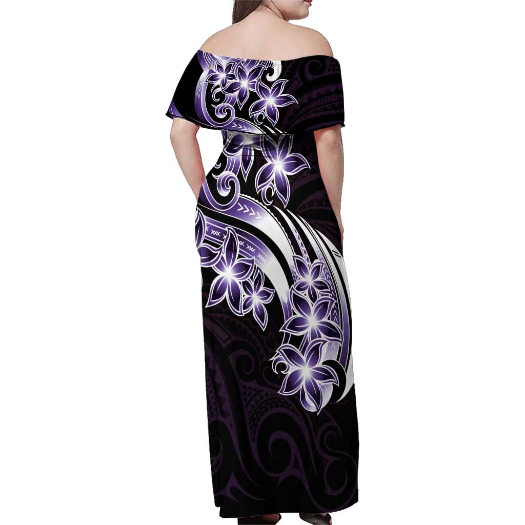 Plumeria Tribal Tattoo Family Matching Off Shoulder Maxi Dress and Hawaiian Shirt Purple Polynesian Pattern