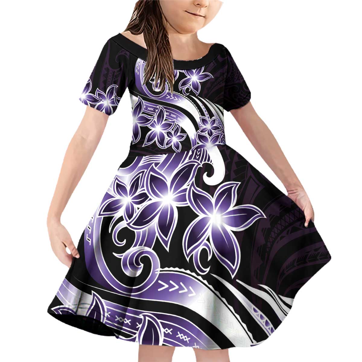 Plumeria Tribal Tattoo Family Matching Off Shoulder Short Dress and Hawaiian Shirt Purple Polynesian Pattern