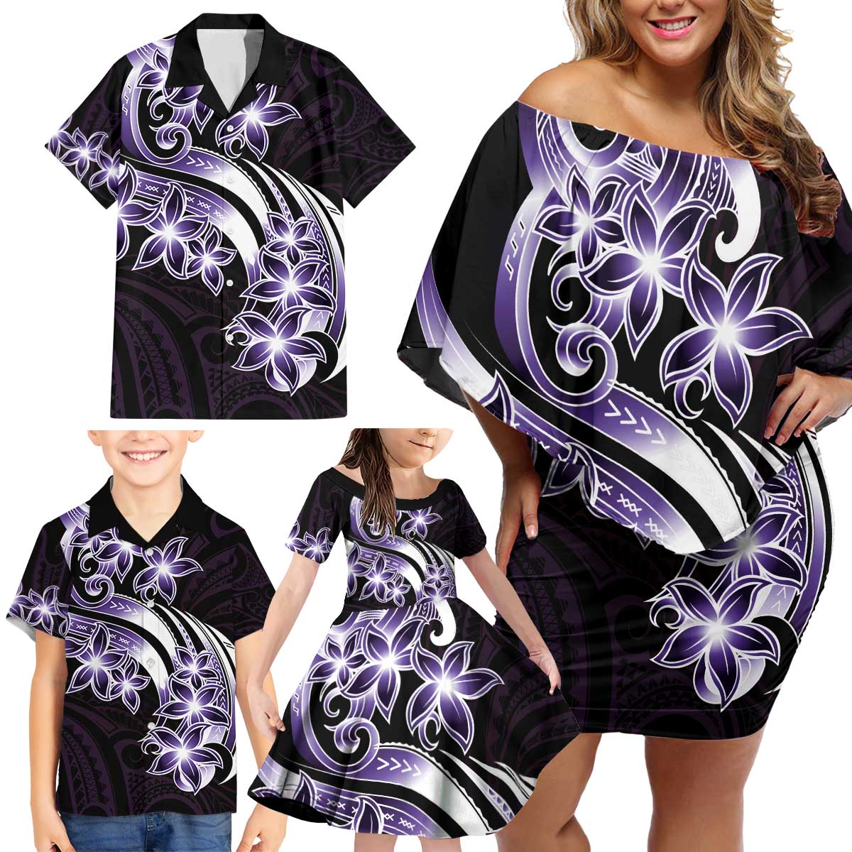 Plumeria Tribal Tattoo Family Matching Off Shoulder Short Dress and Hawaiian Shirt Purple Polynesian Pattern