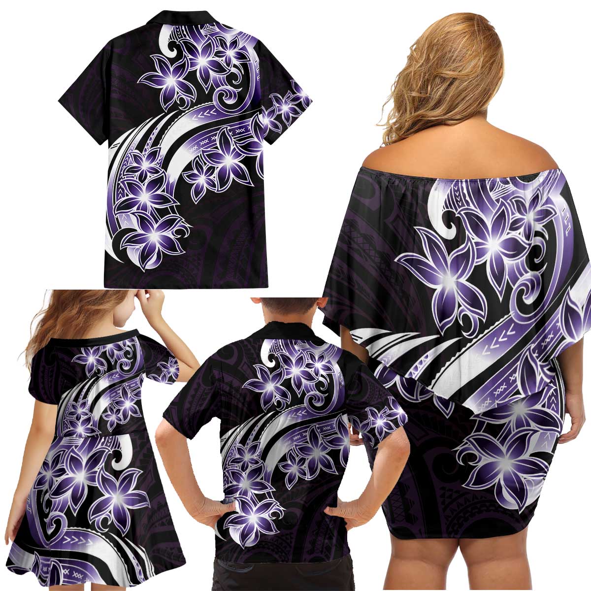 Plumeria Tribal Tattoo Family Matching Off Shoulder Short Dress and Hawaiian Shirt Purple Polynesian Pattern