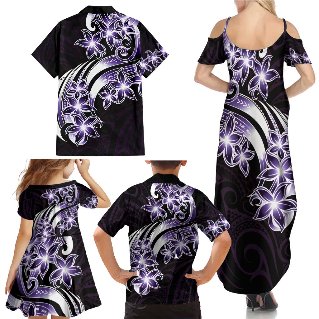 Plumeria Tribal Tattoo Family Matching Summer Maxi Dress and Hawaiian Shirt Purple Polynesian Pattern