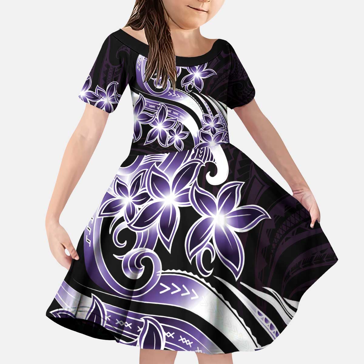 Plumeria Tribal Tattoo Kid Short Sleeve Dress Purple Polynesian Pattern