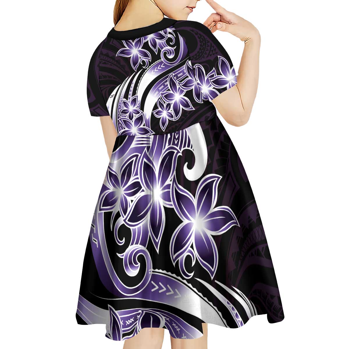 Plumeria Tribal Tattoo Kid Short Sleeve Dress Purple Polynesian Pattern