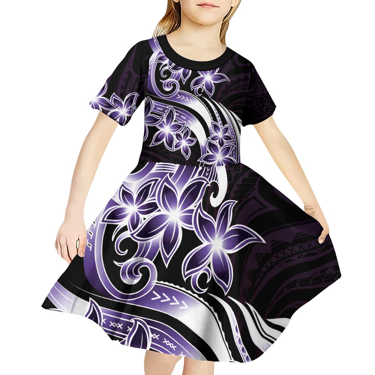 Plumeria Tribal Tattoo Kid Short Sleeve Dress Purple Polynesian Pattern