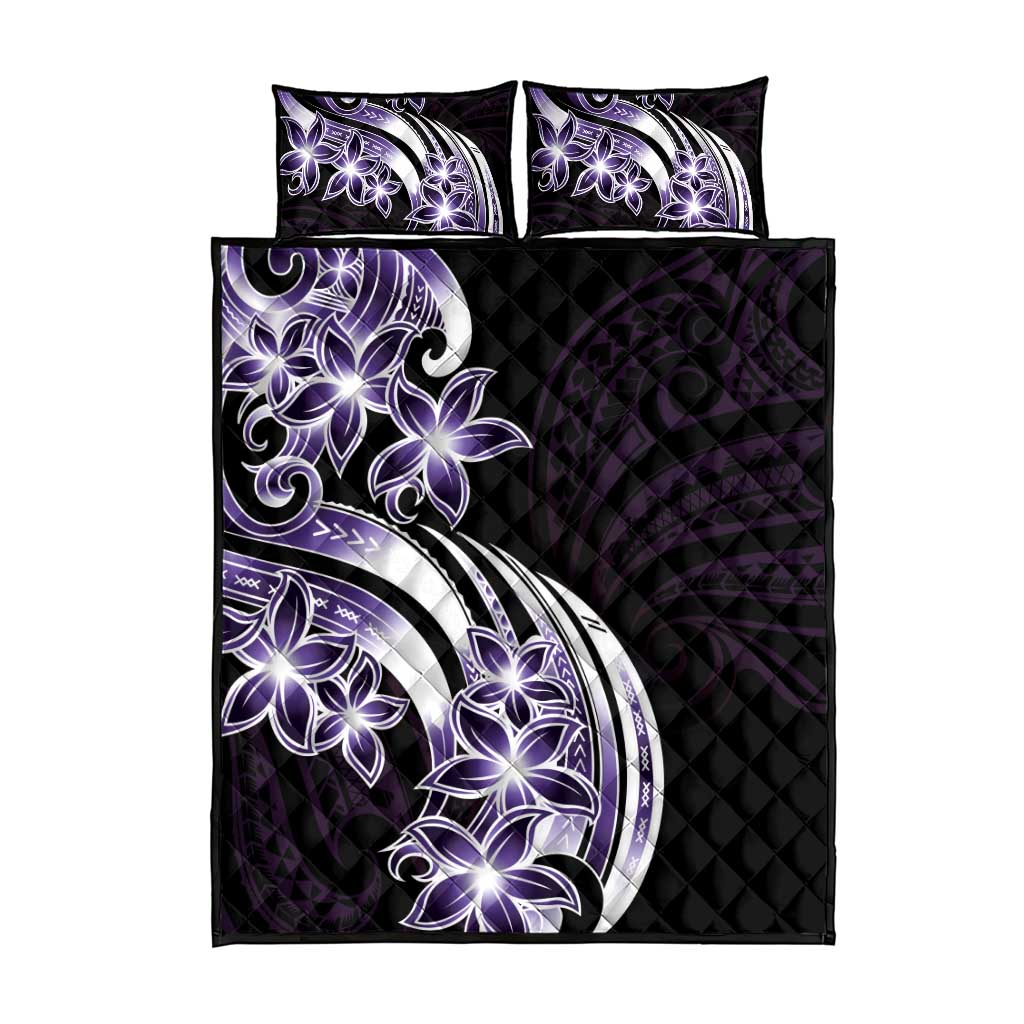 Plumeria Tribal Tattoo Quilt Bed Set Purple Polynesian Pattern