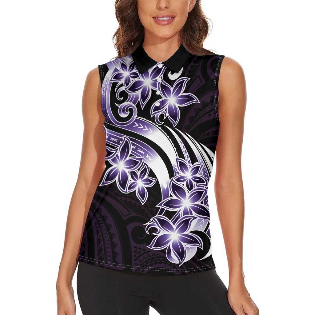 Plumeria Tribal Tattoo Women Sleeveless Polo Shirt Purple Polynesian Pattern