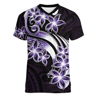Plumeria Tribal Tattoo Women V-Neck T-Shirt Purple Polynesian Pattern