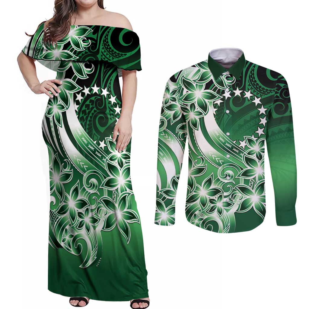 Cook Islands Tattoo Couples Matching Off Shoulder Maxi Dress and Long Sleeve Button Shirt Plumeria Polynesian Pattern