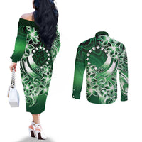 Cook Islands Tattoo Couples Matching Off The Shoulder Long Sleeve Dress and Long Sleeve Button Shirt Plumeria Polynesian Pattern