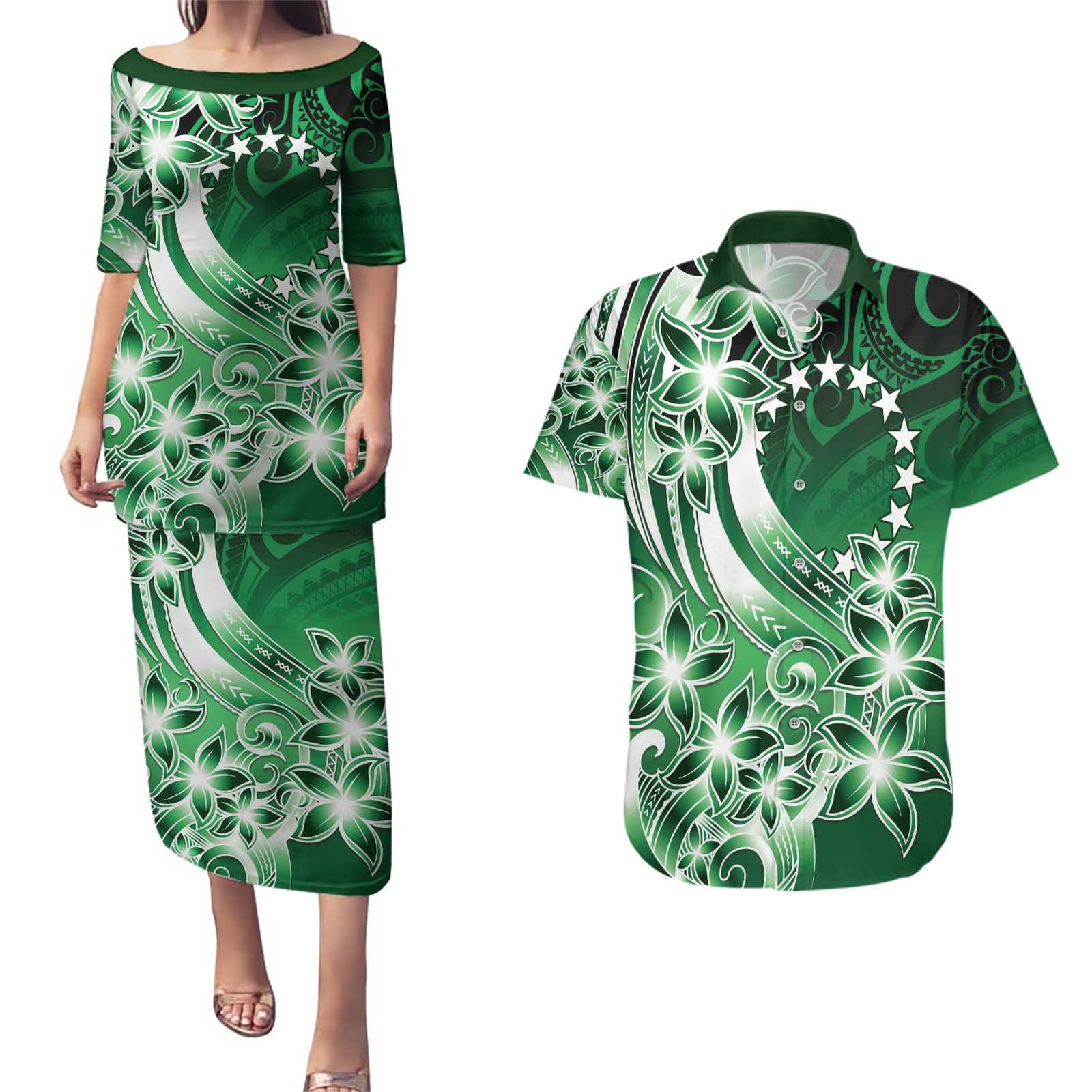 Cook Islands Tattoo Couples Matching Puletasi and Hawaiian Shirt Plumeria Polynesian Pattern