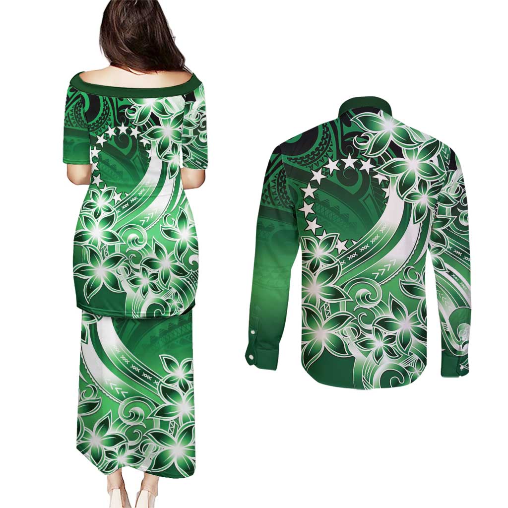 Cook Islands Tattoo Couples Matching Puletasi and Long Sleeve Button Shirt Plumeria Polynesian Pattern