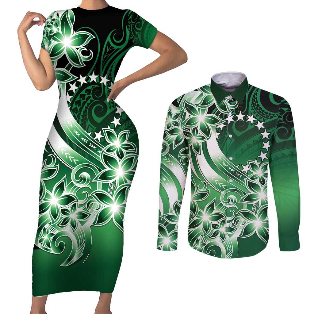 Cook Islands Tattoo Couples Matching Short Sleeve Bodycon Dress and Long Sleeve Button Shirt Plumeria Polynesian Pattern