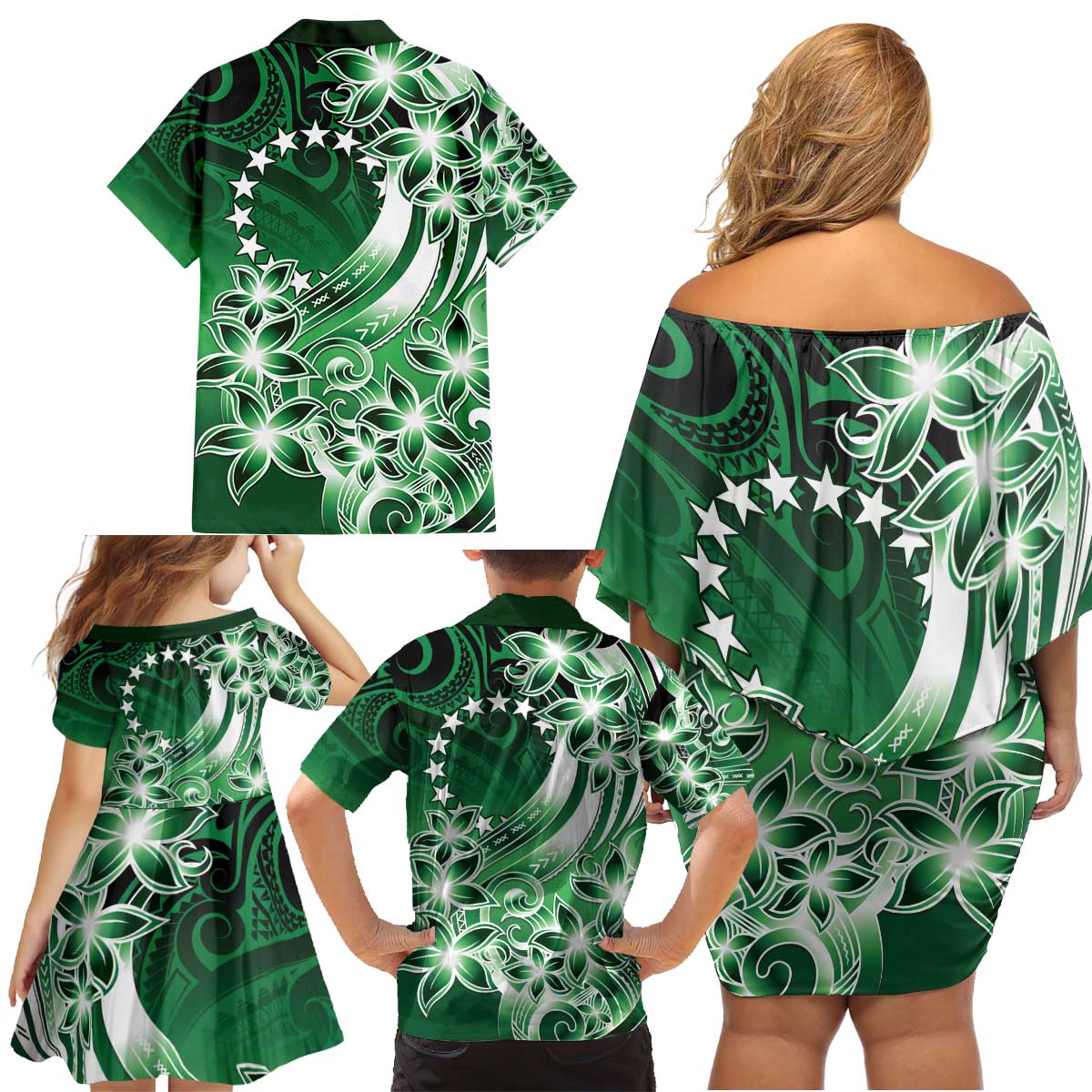 Cook Islands Tattoo Family Matching Off Shoulder Short Dress and Hawaiian Shirt Plumeria Polynesian Pattern