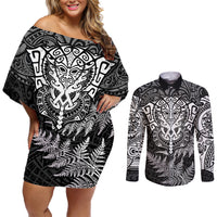 New Zealand Rugby Couples Matching Off Shoulder Short Dress and Long Sleeve Button Shirts Silver Fern All Black Mix Ta Moko White Style LT9 White - Polynesian Pride