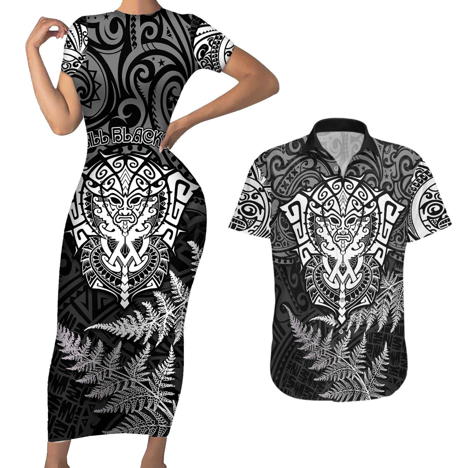 New Zealand Rugby Couples Matching Short Sleeve Bodycon Dress and Hawaiian Shirt Silver Fern All Black Mix Ta Moko White Style LT9 White - Polynesian Pride