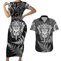 New Zealand Rugby Couples Matching Short Sleeve Bodycon Dress and Hawaiian Shirt Silver Fern All Black Mix Ta Moko White Style LT9 White - Polynesian Pride