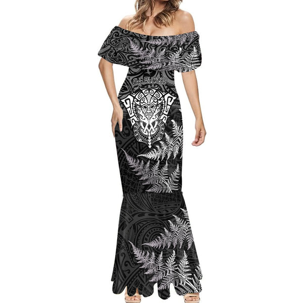 New Zealand Rugby Off Shoulder Maxi Dress Silver Fern All Black Mix Ta Moko Green Style LT9 main image 0