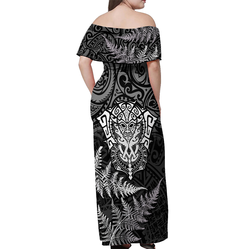 New Zealand Rugby Off Shoulder Maxi Dress Silver Fern All Black Mix Ta Moko White Style LT9 - Polynesian Pride