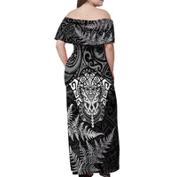 New Zealand Rugby Off Shoulder Maxi Dress Silver Fern All Black Mix Ta Moko White Style LT9 - Polynesian Pride