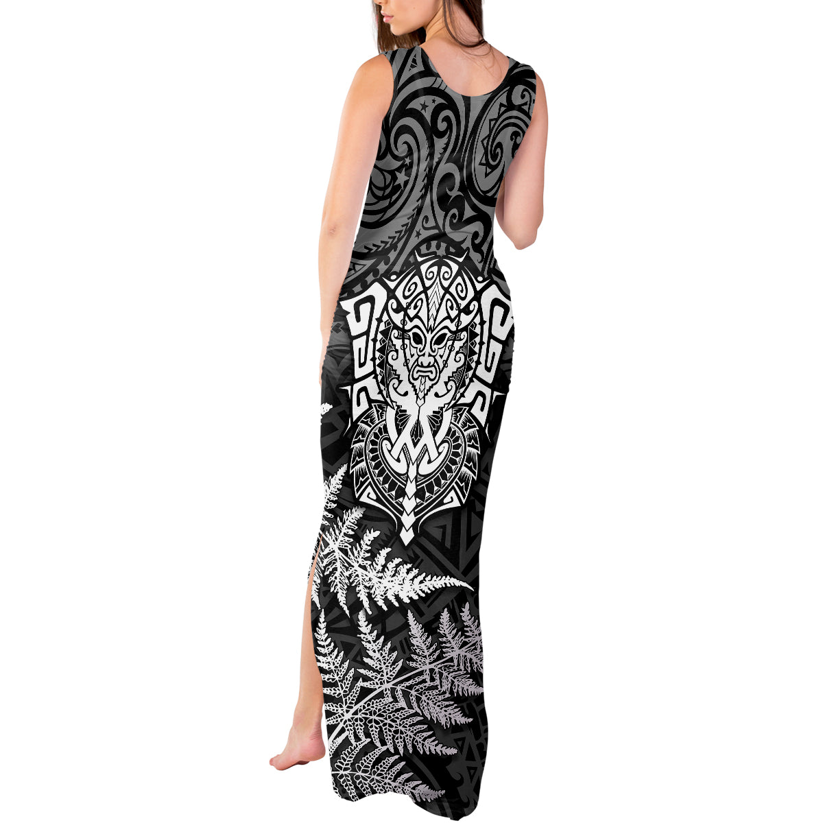 New Zealand Rugby Tank Maxi Dress Silver Fern All Black Mix Ta Moko White Style LT9 - Polynesian Pride