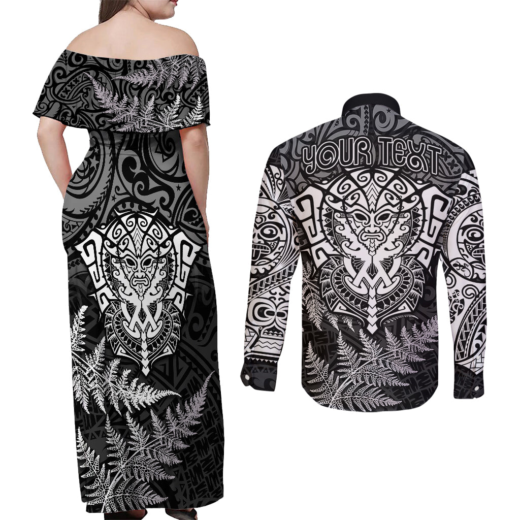 Personalised New Zealand Rugby Couples Matching Off Shoulder Maxi Dress and Long Sleeve Button Shirts Silver Fern All Black Mix Ta Moko White Style LT9 - Polynesian Pride
