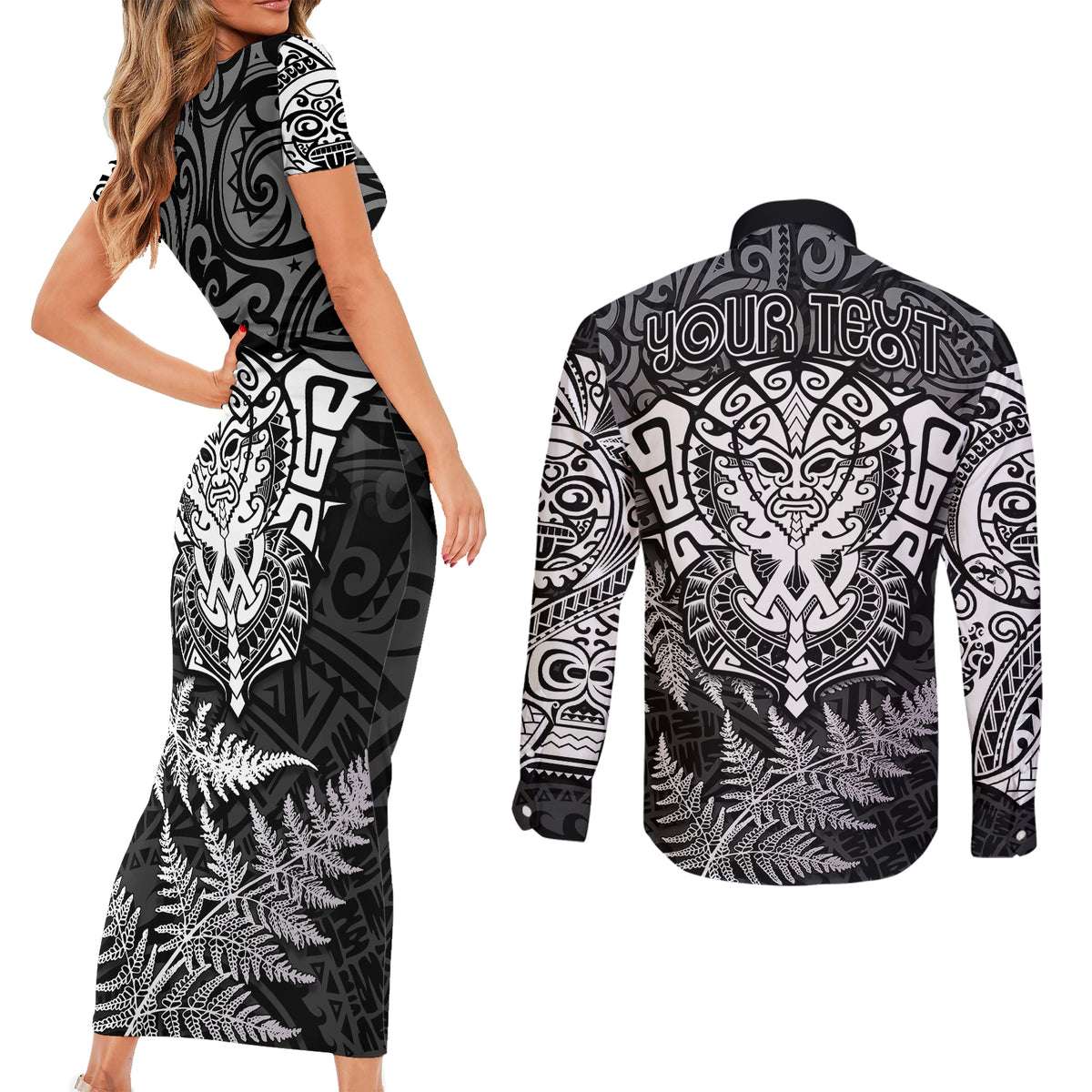 Personalised New Zealand Rugby Couples Matching Short Sleeve Bodycon Dress and Long Sleeve Button Shirts Silver Fern All Black Mix Ta Moko White Style LT9 - Polynesian Pride