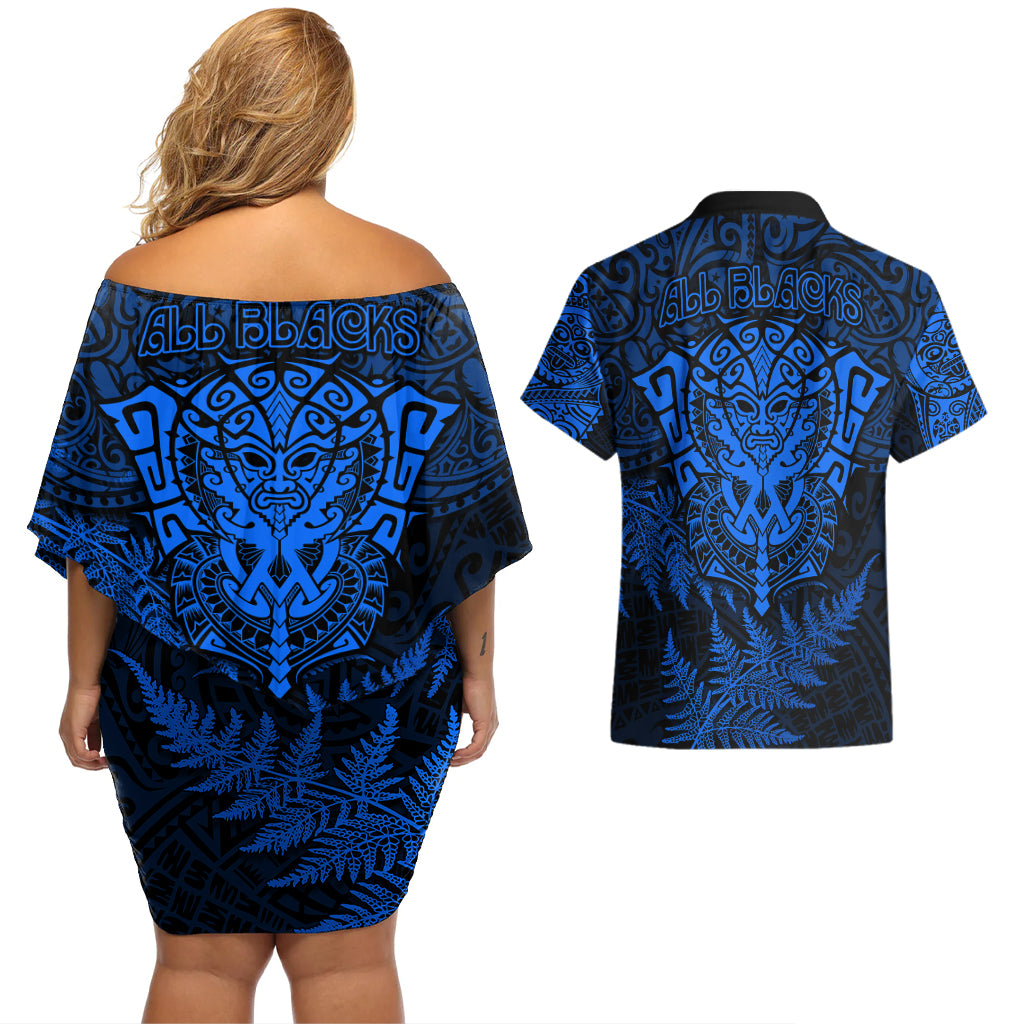 New Zealand Rugby Couples Matching Off Shoulder Short Dress and Hawaiian Shirt Silver Fern All Black Mix Ta Moko Blue Style LT9 - Polynesian Pride
