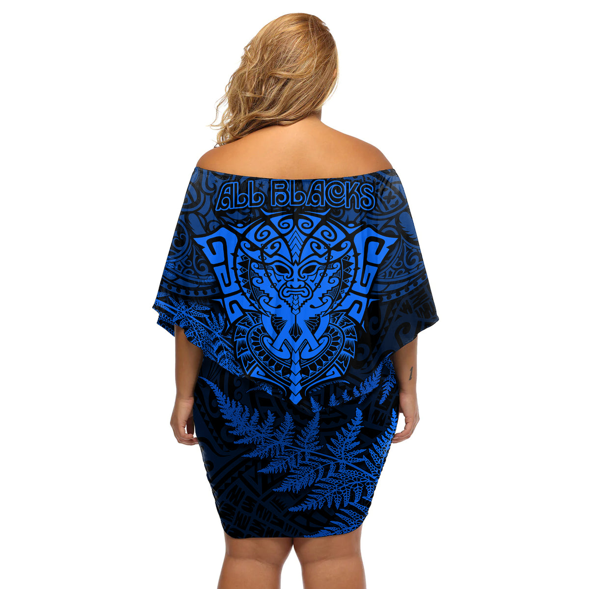 New Zealand Rugby Off Shoulder Short Dress Silver Fern All Black Mix Ta Moko Blue Style LT9 - Polynesian Pride